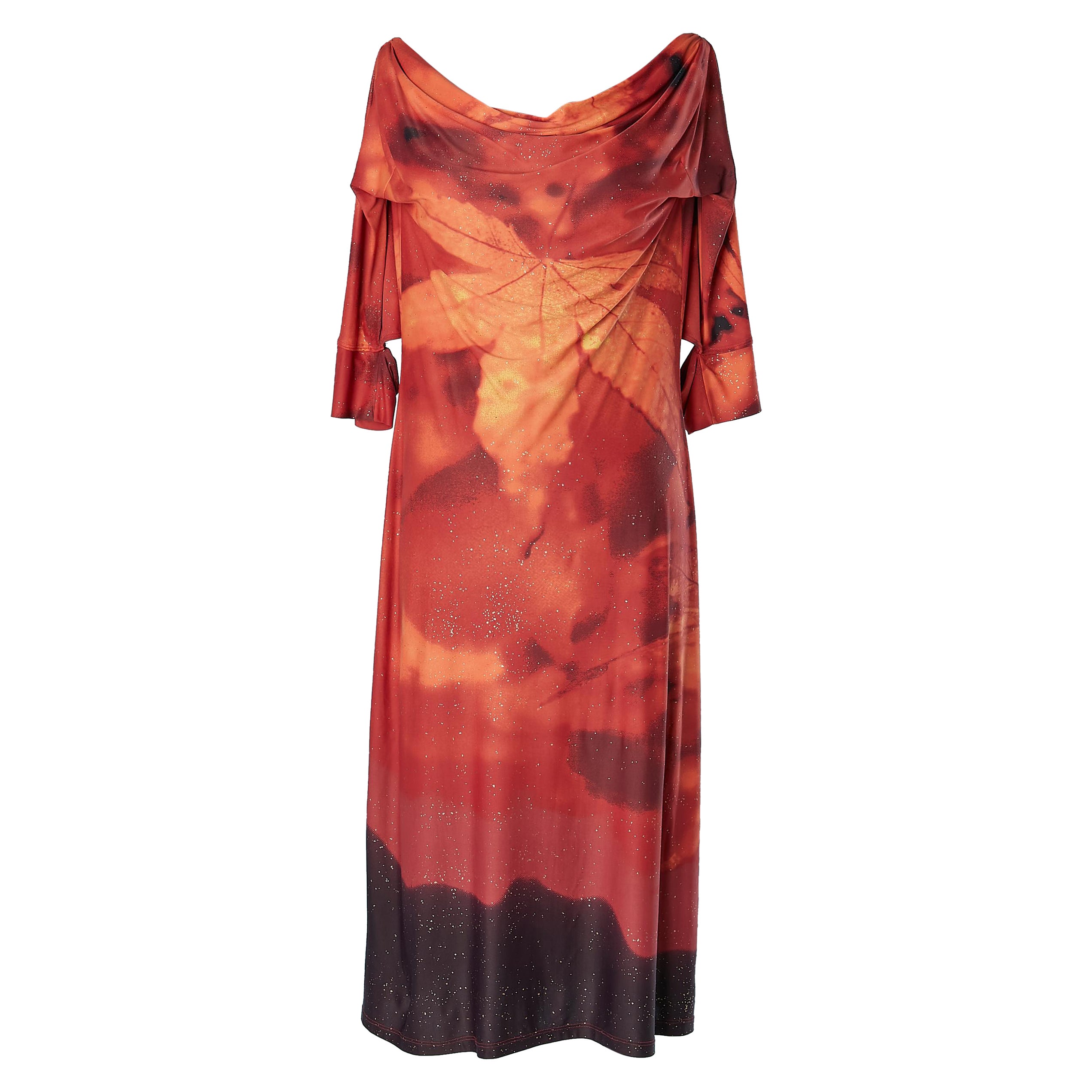 Fall leaves printed jersey dress with tiny gold splatch Roberto Cavalli  For Sale