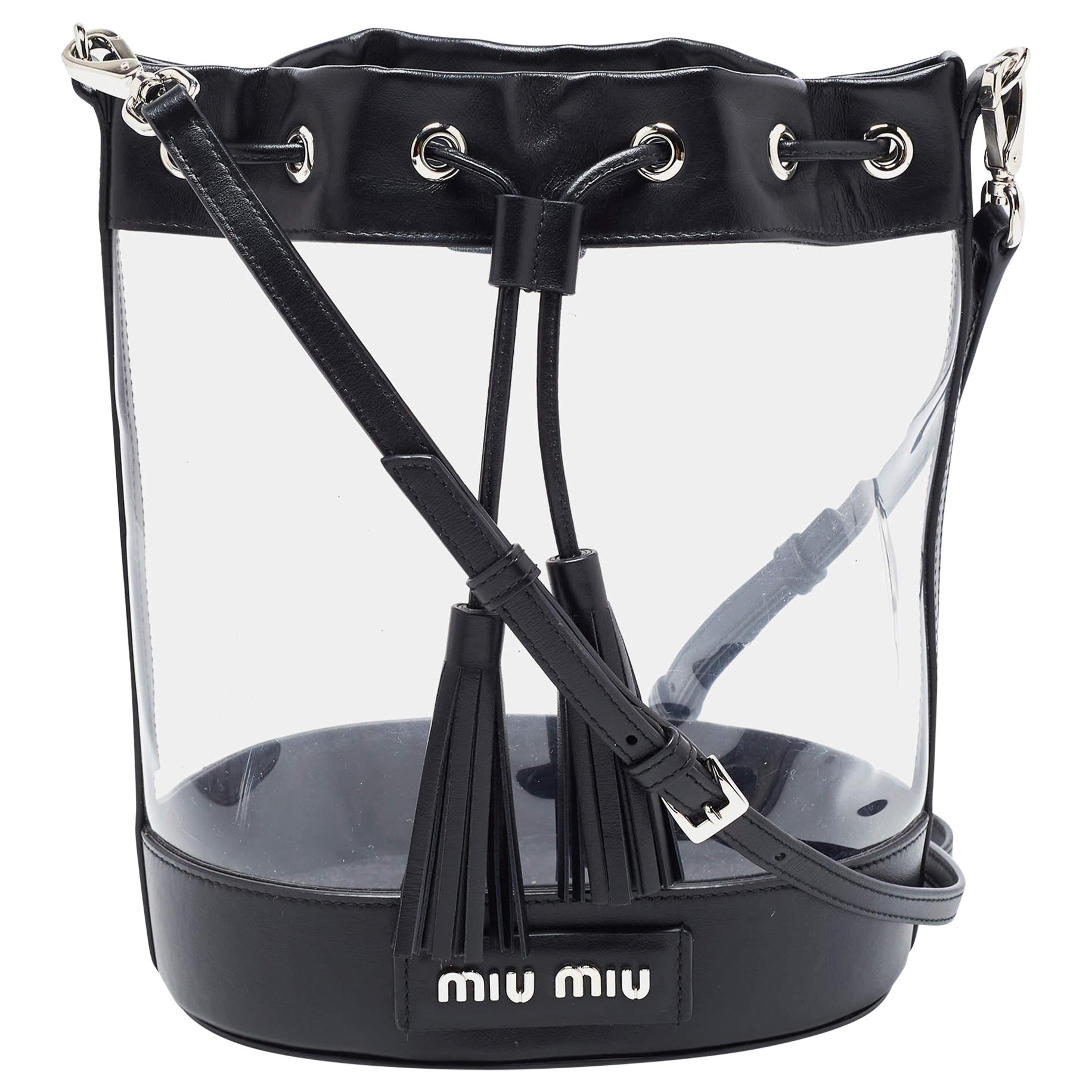 Miu MIu Black Leather And PVC Drawstring Bucket Bag