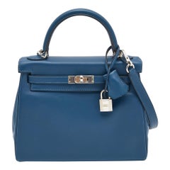 Hermes Bleu Saphir Swift Leather Palladium Finish Kelly Retourne 25 Bag