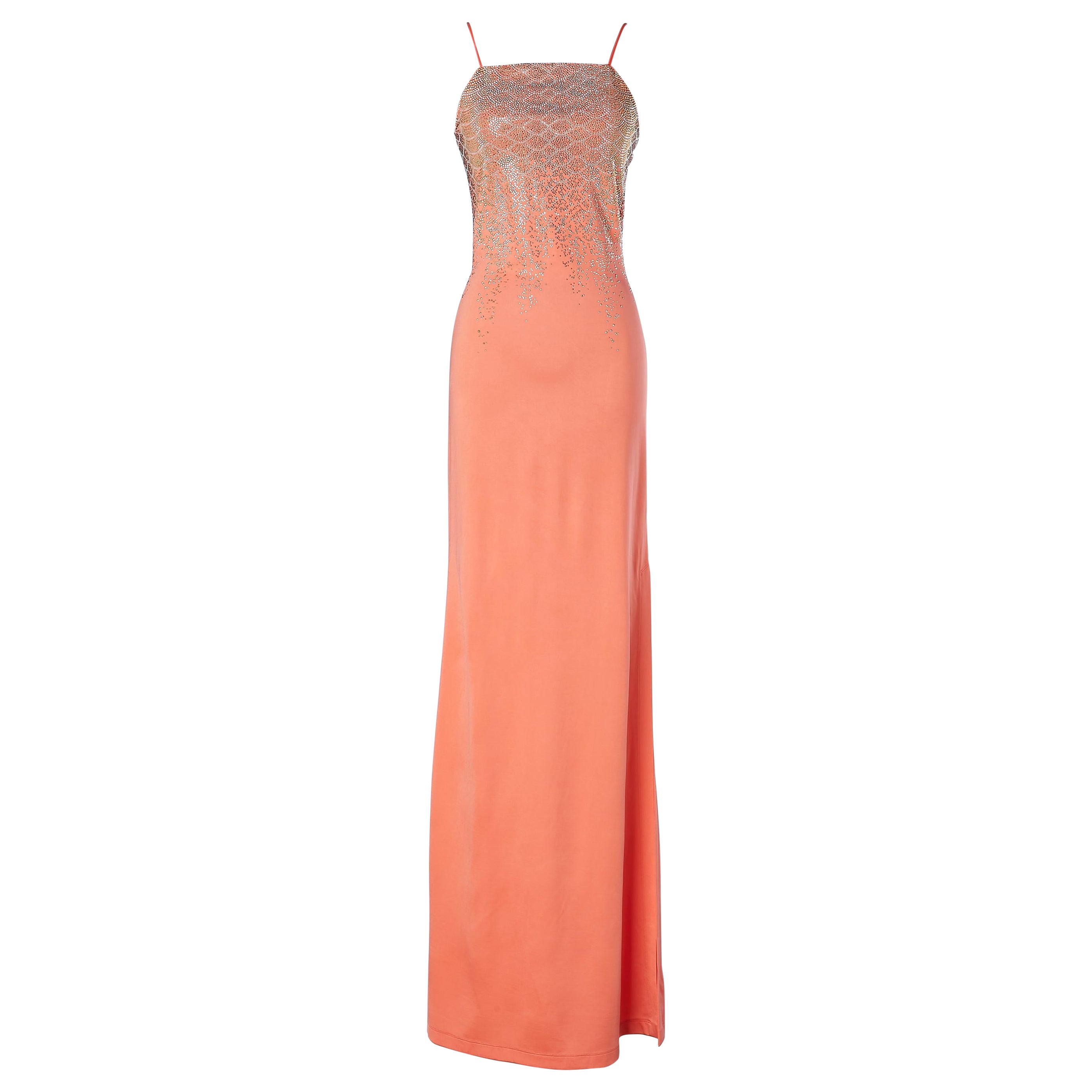 Salmon pink evening dress with three colors studs appliqué Just Cavalli NEW 