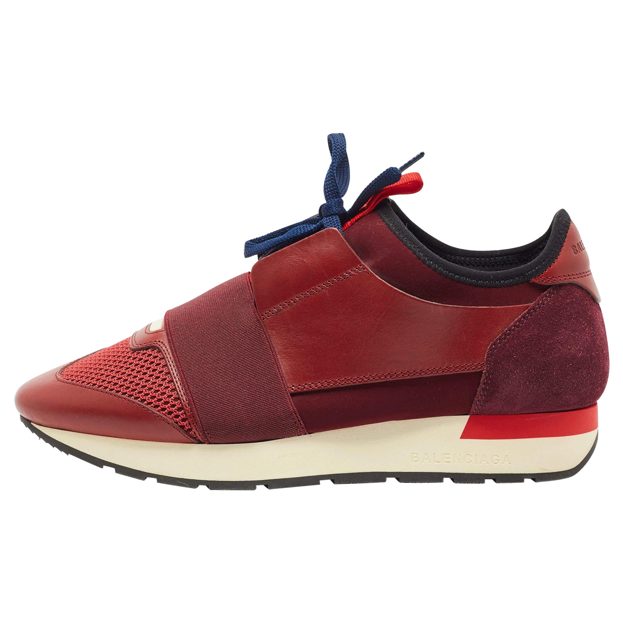 Balenciaga Burgundy Leather and Mesh Race Runner Sneakers Size 38 For Sale