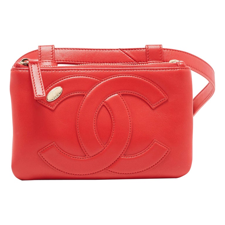 Chanel Red Leather CC Mania Double Zip Waist Belt Bag For Sale at