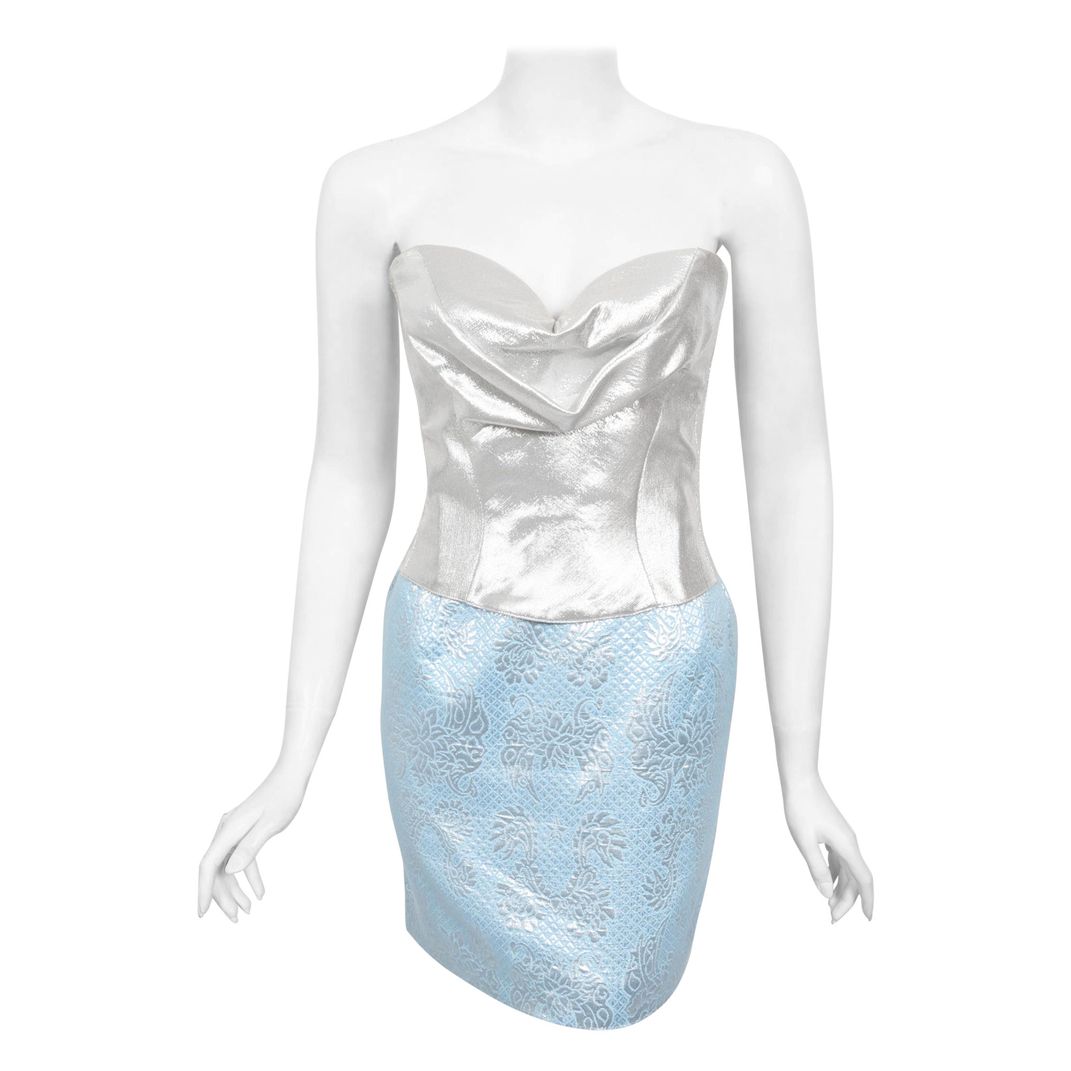 Iconic 1992 Thierry Mugler Couture Metallic Silver Blue Bustier Mini Skirt Suit For Sale