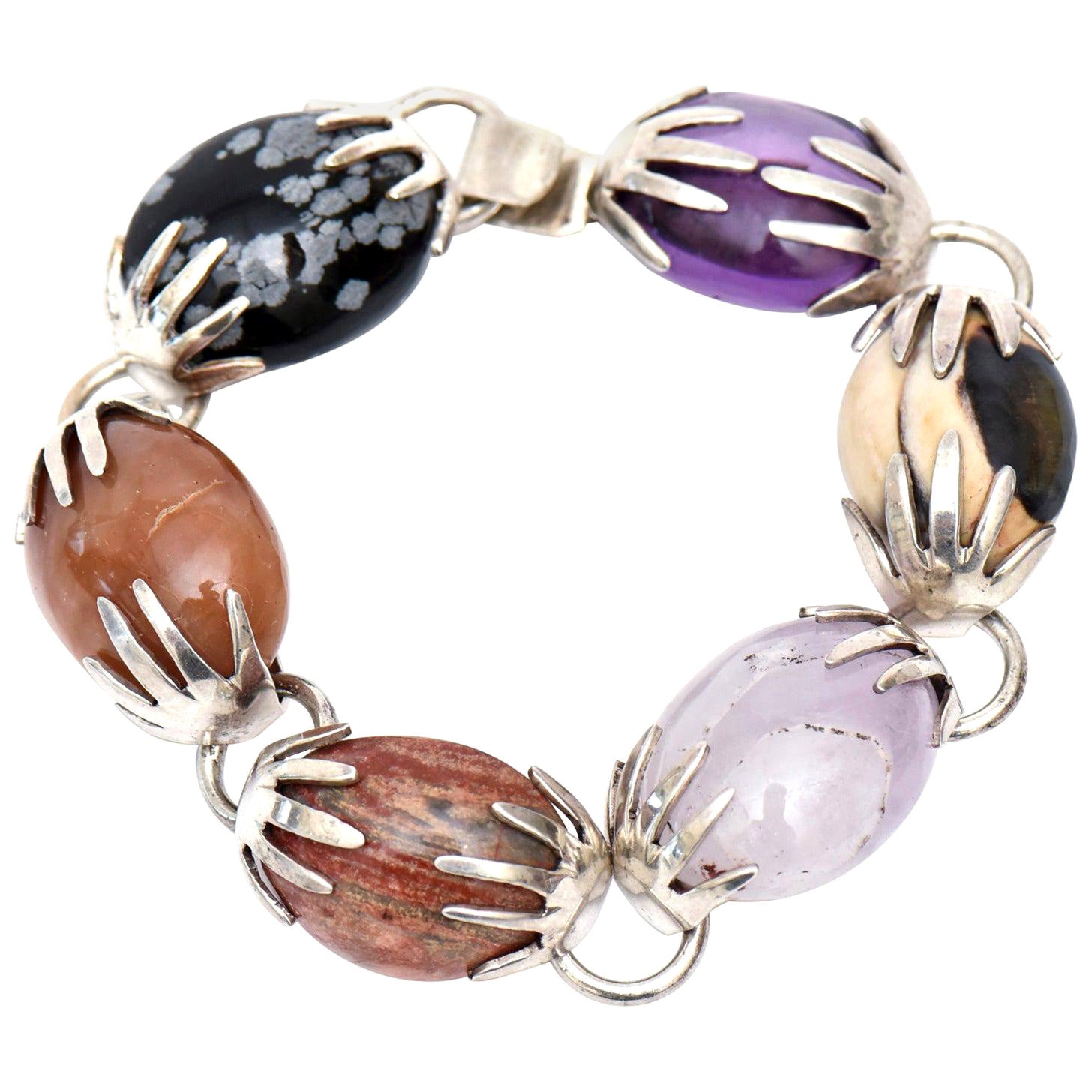 Sterling Silver, Amethyst and Agate Stone Bracelet Hallmarked For Sale