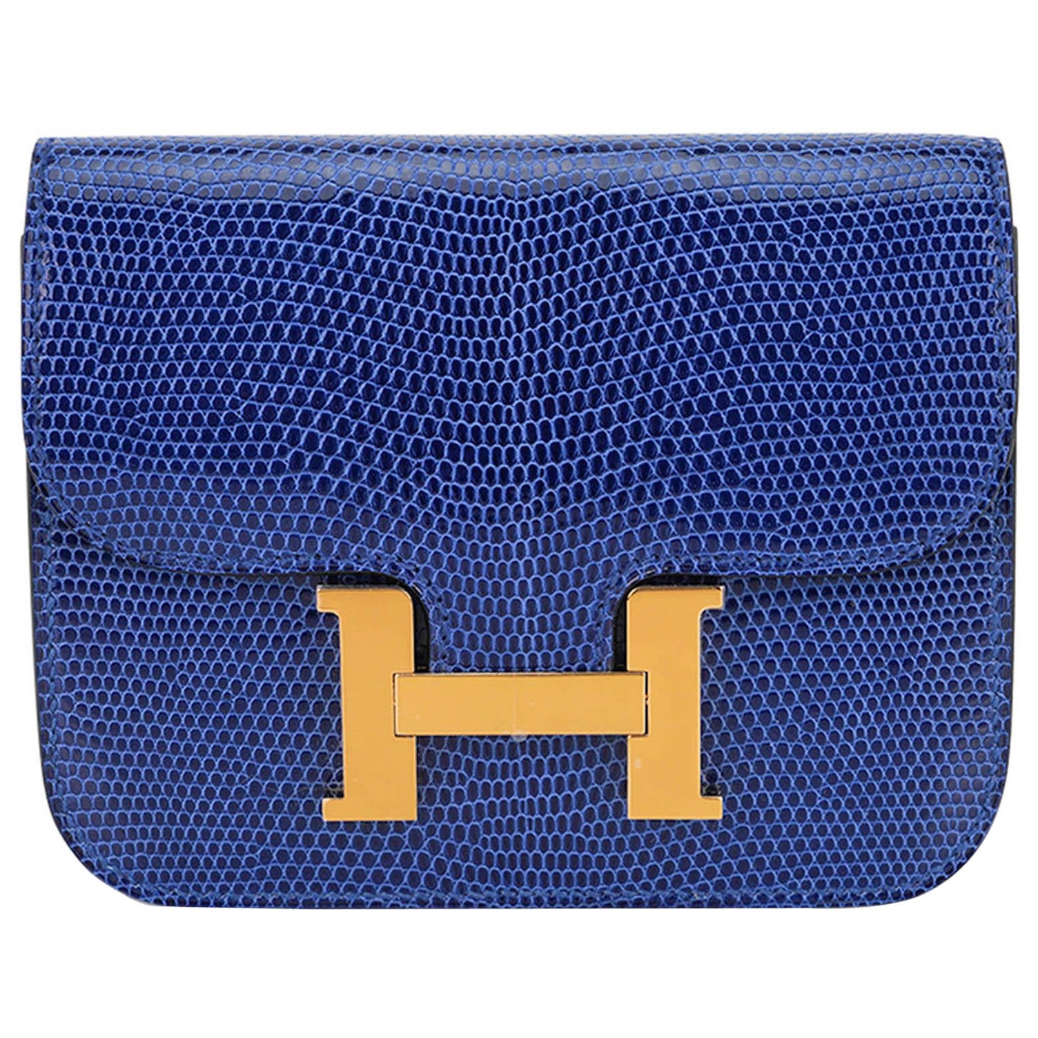 Hermes Constance Slim Wallet Belt Bag Sapphire Lizard Gold Hardware For Sale