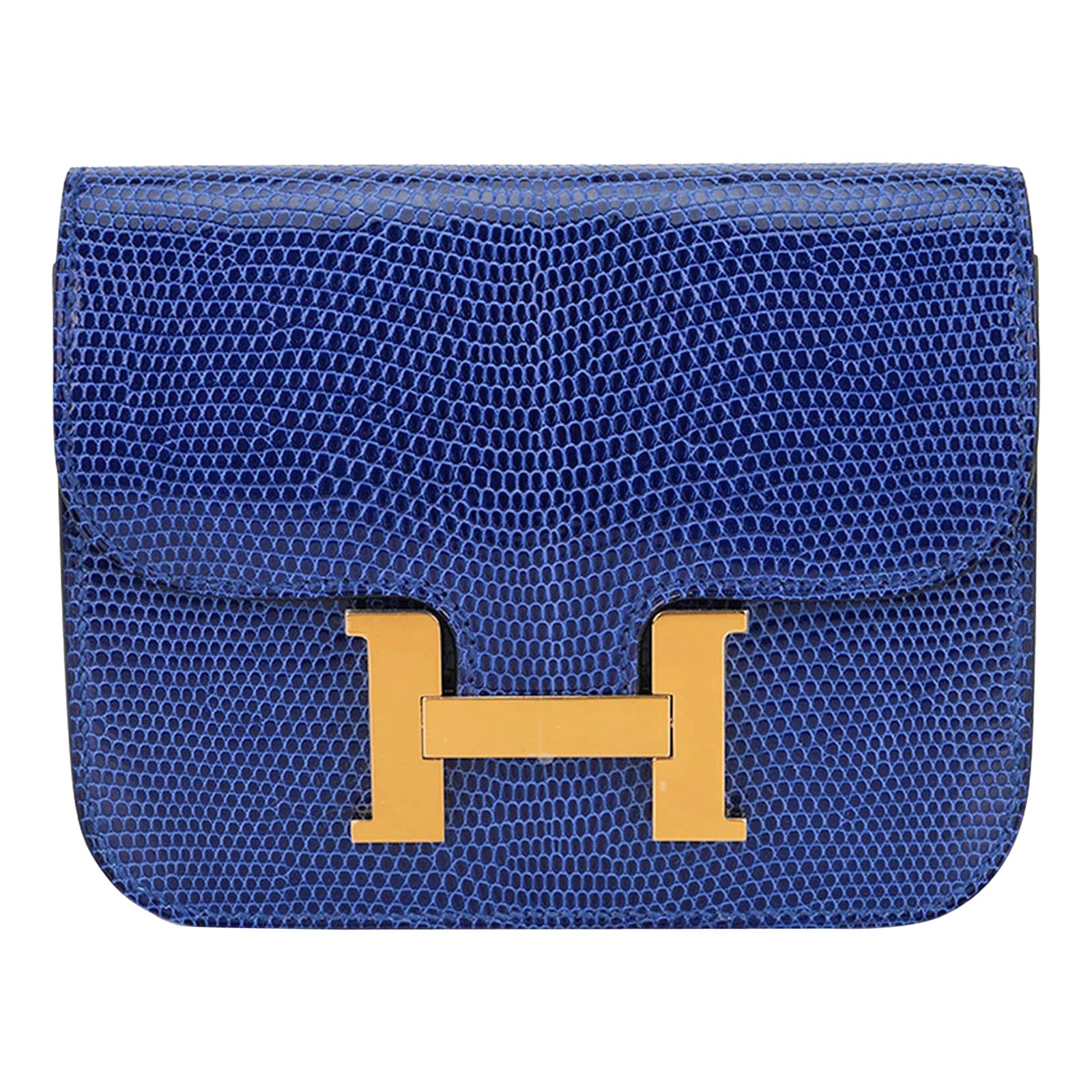 Hermes Constance Slim Wallet Belt Blue Sapphire Lizard Bag Gold Hardware For Sale