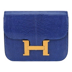 Hermes Constance Slim Brieftasche Gürtel blau Saphir Eidechse Tasche Gold Hardware