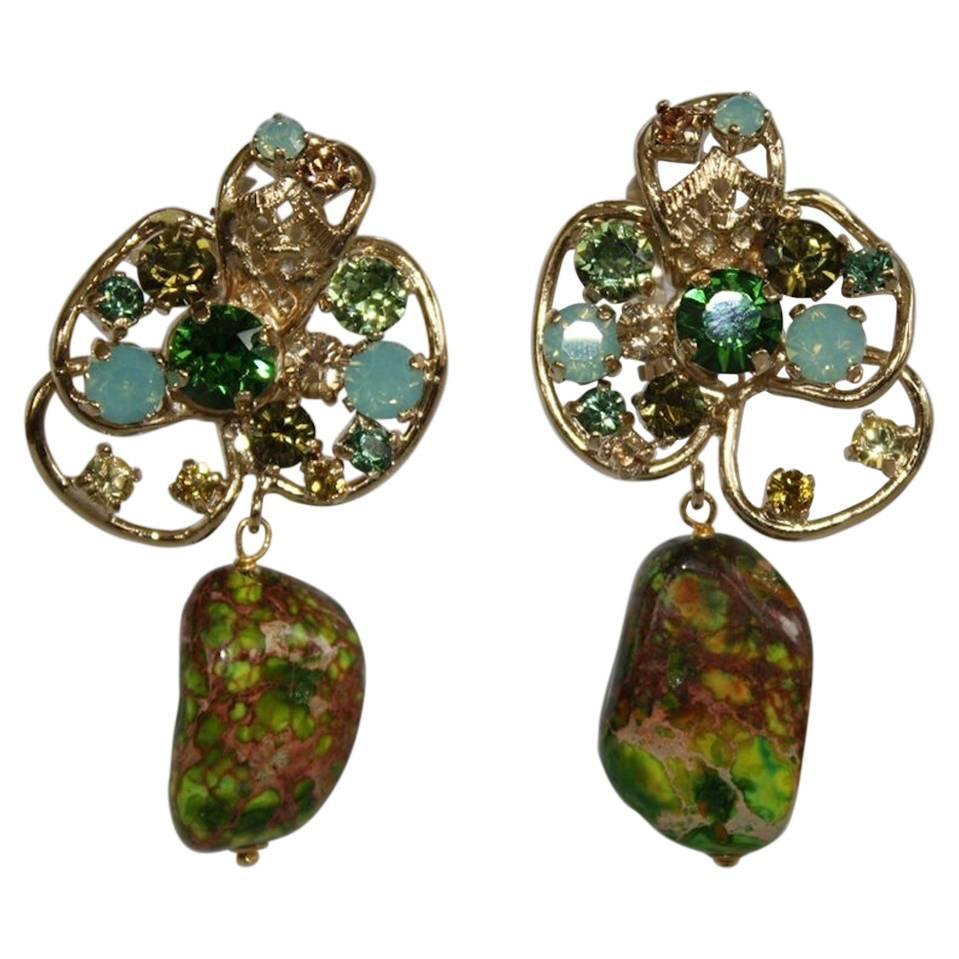 Philippe Ferrandis One of a Kind Malachite and Swarovski Crystal Clip Earrings