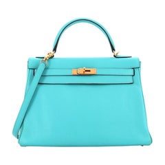 Hermes Kelly Handbag Turquoise Clemence with Gold Hardware 32