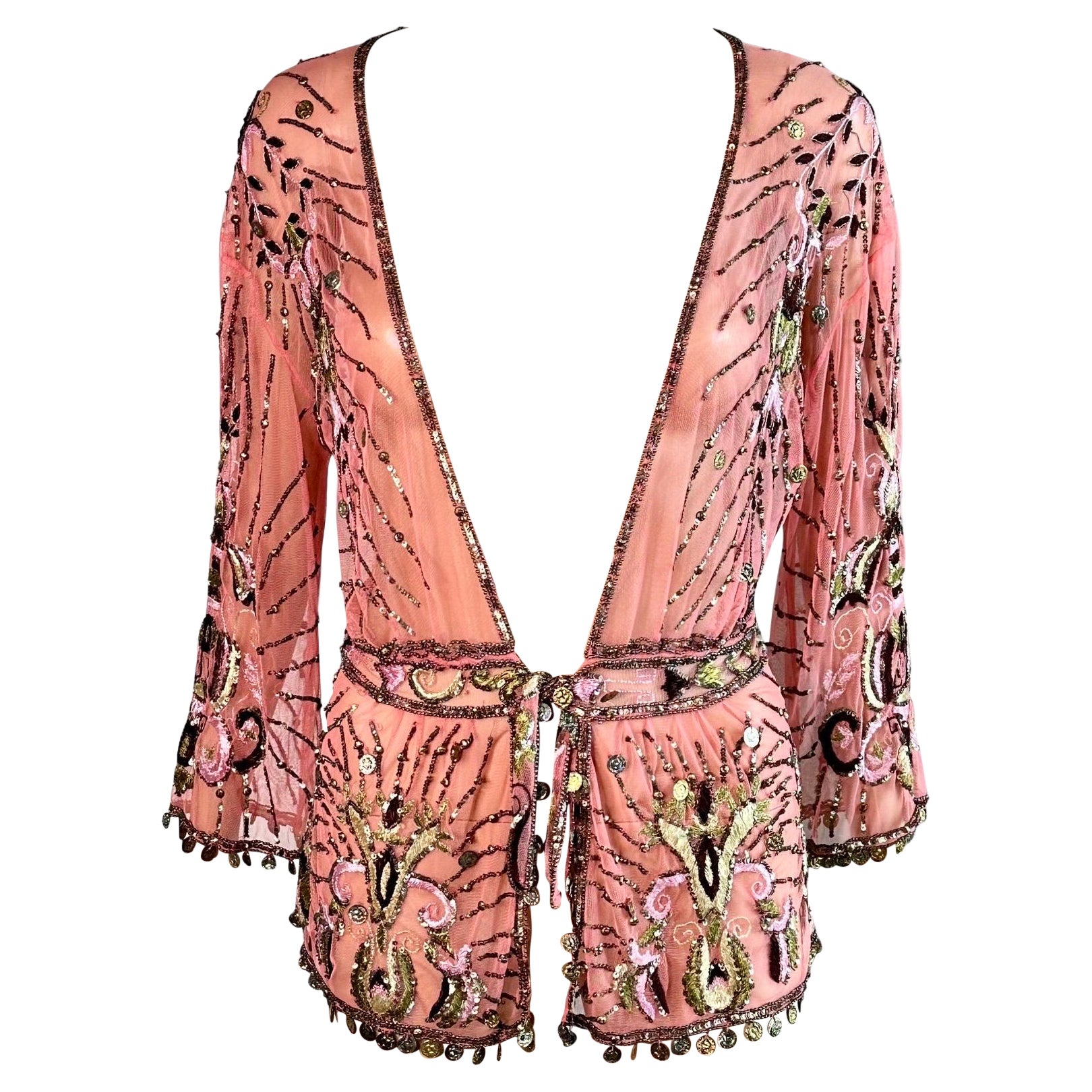 Roberto Cavalli - P/E 2005 - Top giacca cardigan con ricami in rete impreziosito da decorazioni
