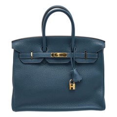 Hermes Bleu De Prusse Togo Leather Gold Finish Birkin 35 Bag