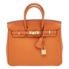 Birkin 25 Tasche aus orangefarbenem Togo-Leder mit goldener Oberfläche