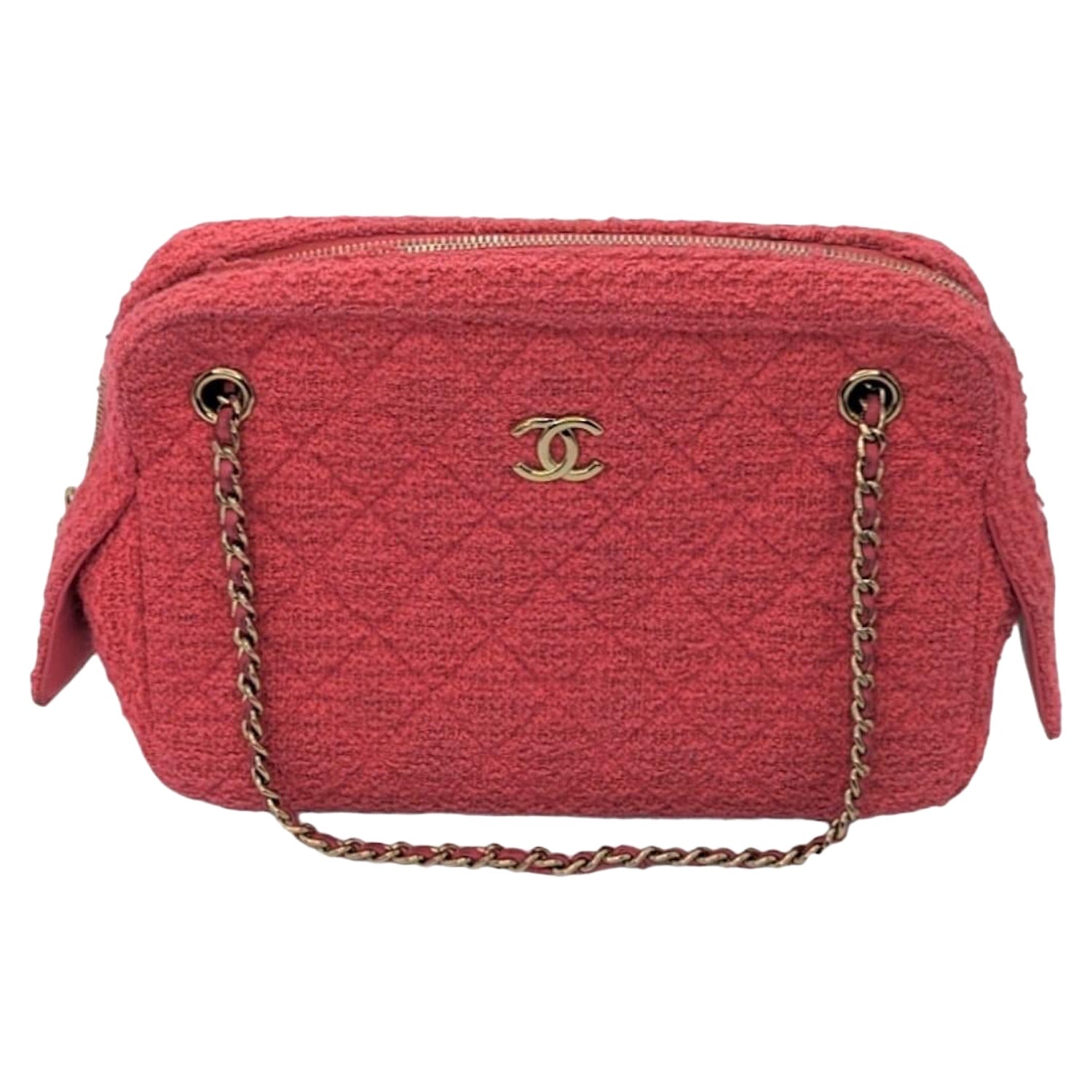 Chanel Pink Quilted Tweed CC Camera Case For Sale