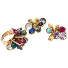 Set of Vintage Dangler Cluster Jewel Colored Glass Stone Earrings and Ring Set 6
