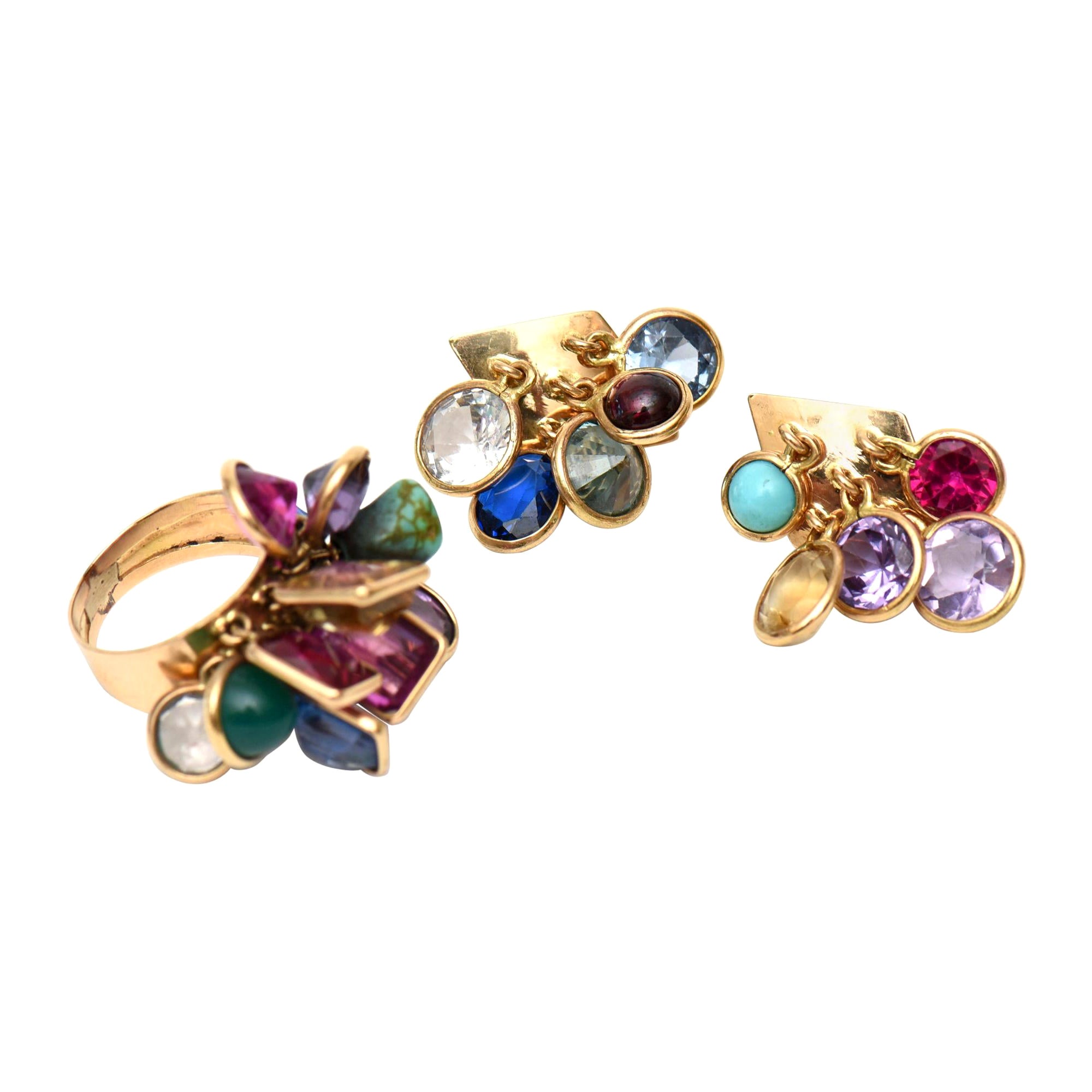  Vintage Glas Stein Dangler Cluster Ring und Ohrringe Set Jewel Toned im Angebot