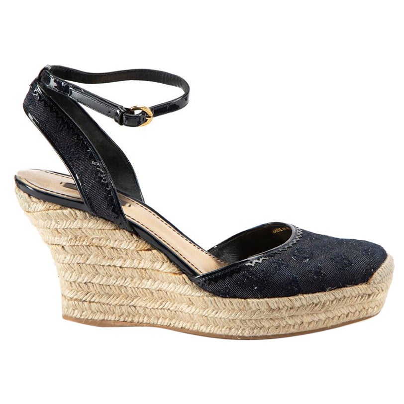 Navy Embroidered Espadrille Wedges Size IT 41 For Sale