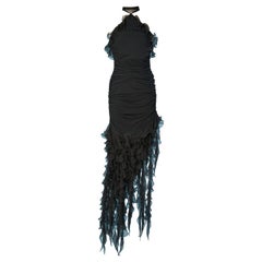 Black draped silk jersey dress with silk chiffon fringes ruffles Emanuel Ungaro 