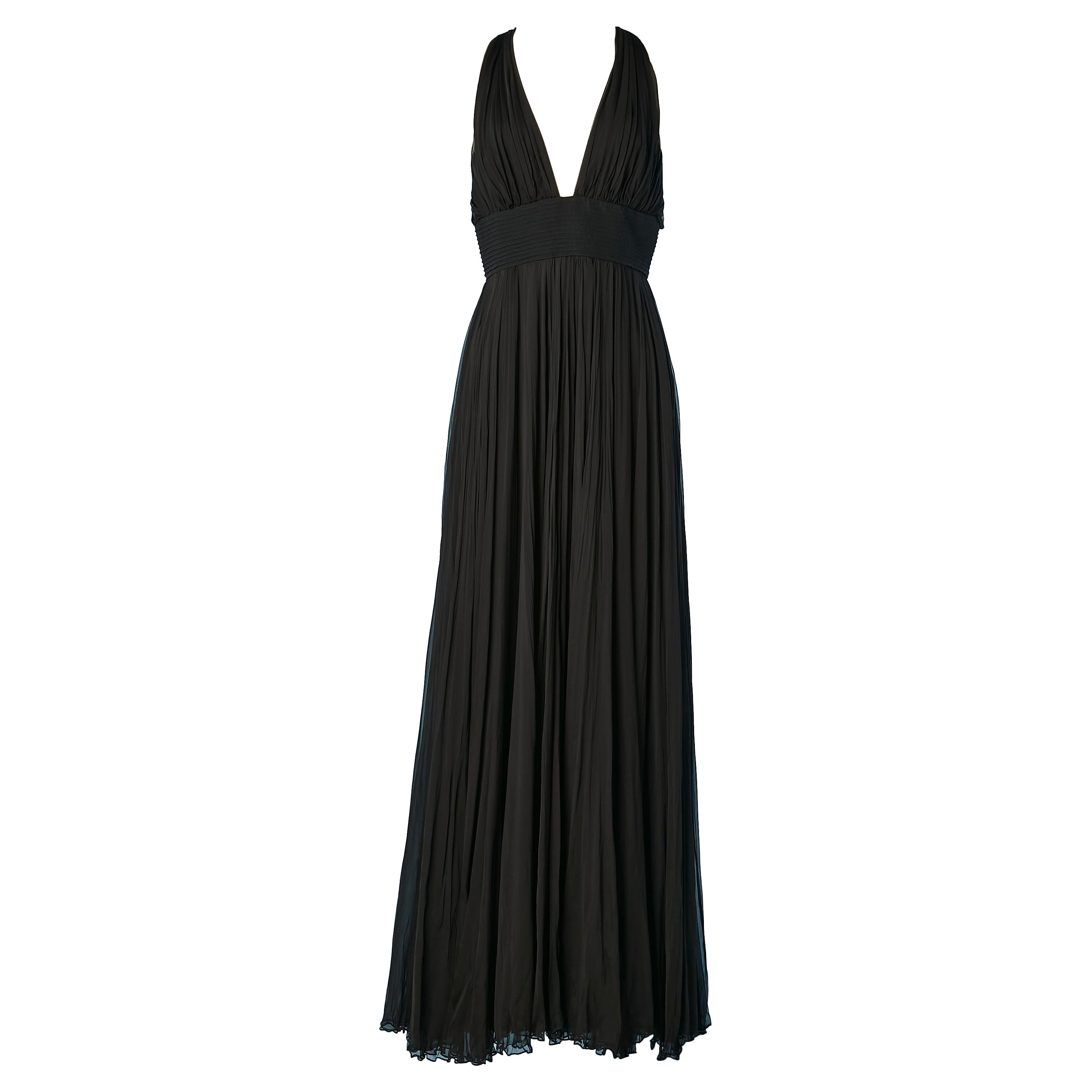Black backless chiffon evening dress with ruffles on the back Versace  For Sale