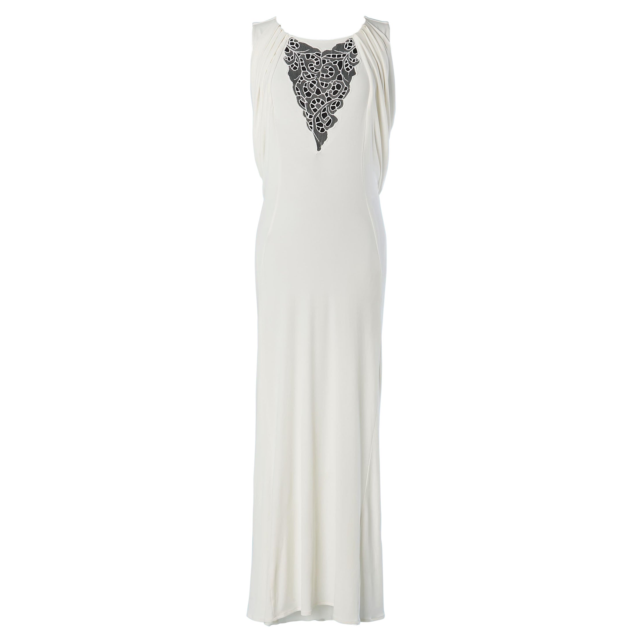 White jersey evening dress with lace incrustation on the bust Cavalli Class  For Sale