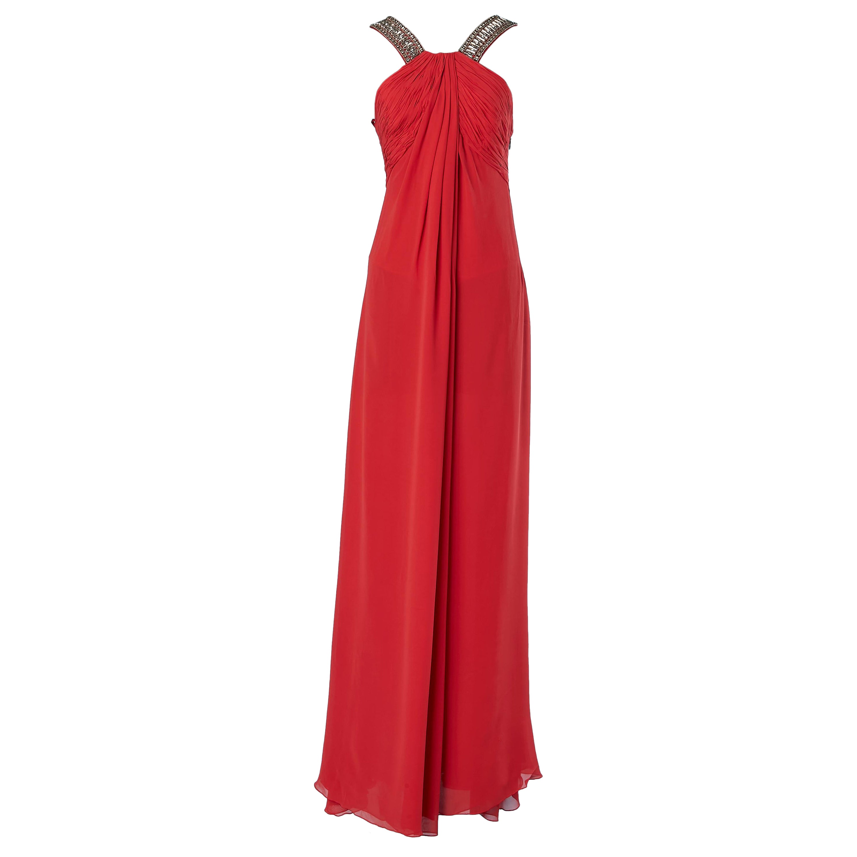 Red silk chiffon evening dress with shoulder straps rhinestone  Roberto Cavalli