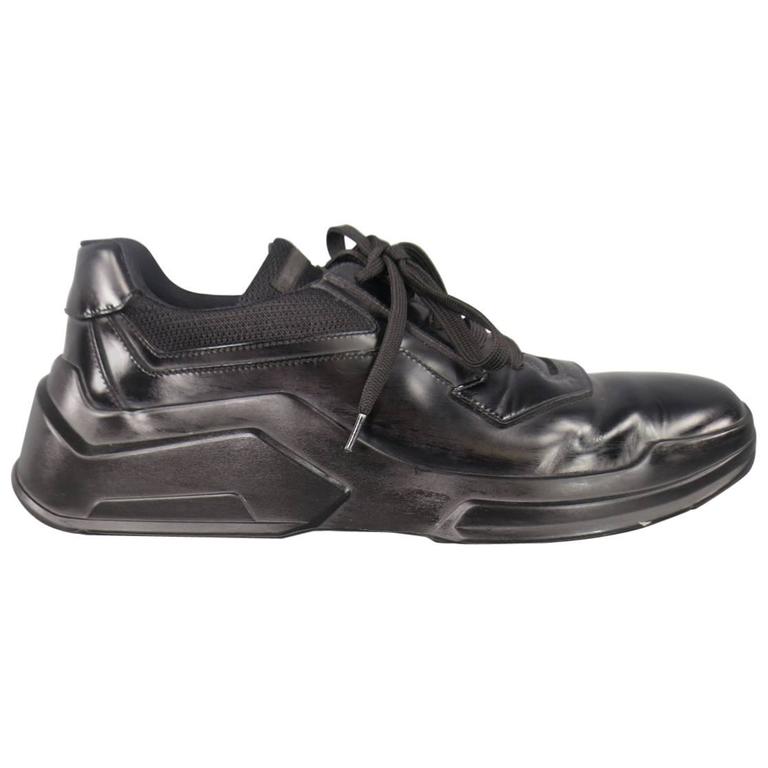 Men's PRADA Size 11 Black Leather Thick Rubber Sole Lace Up at 1stDibs