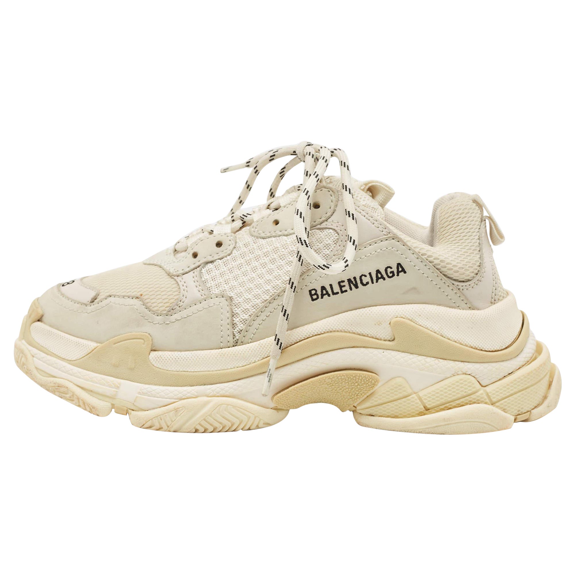 Balenciaga White/Grey Mesh and Leather Triple S Sneakers Size 38