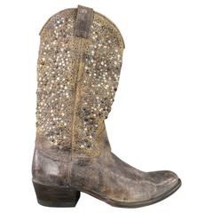 Used Men's FRYE Size 11 Distressed Taupe Studded Leather Deborah Cowboy Boots