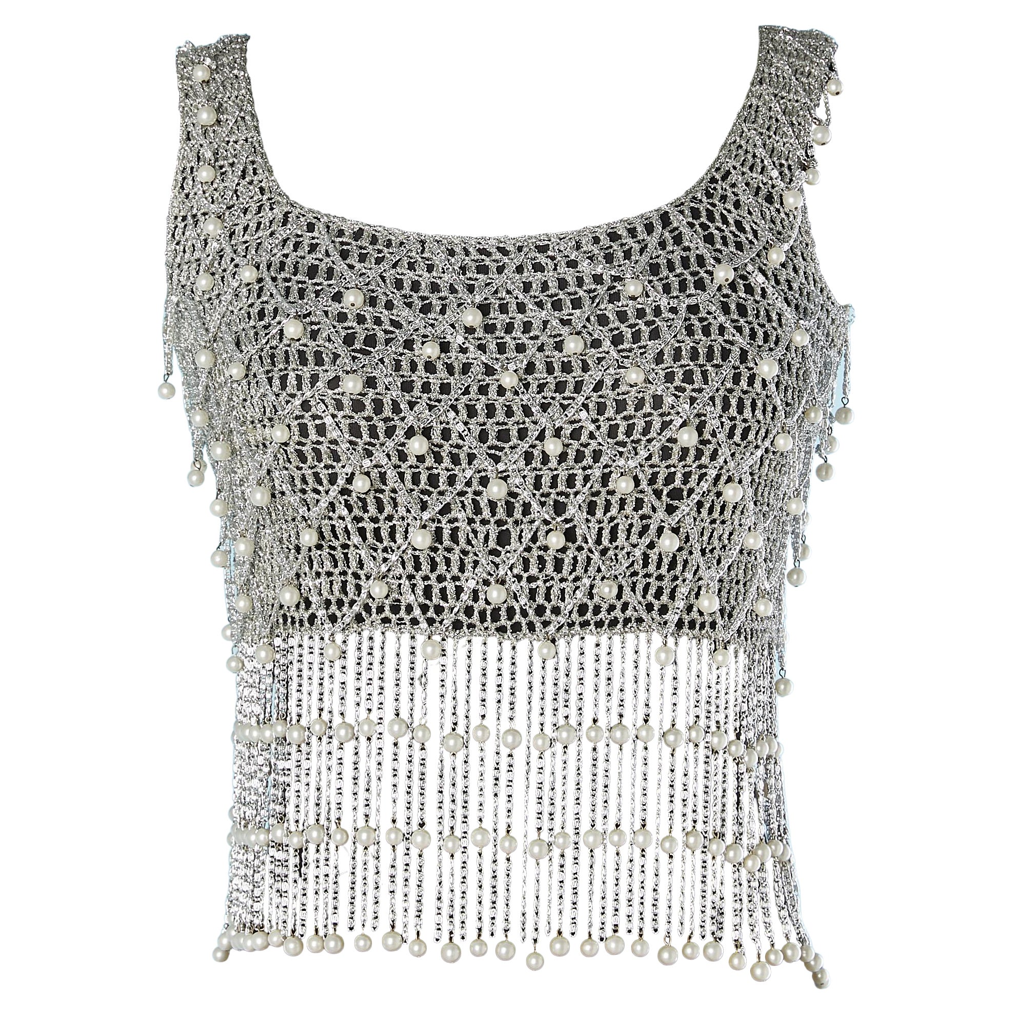 Tank top in silver lurex, knit and pearls mix with chain  Loris Azzaro 1970's 