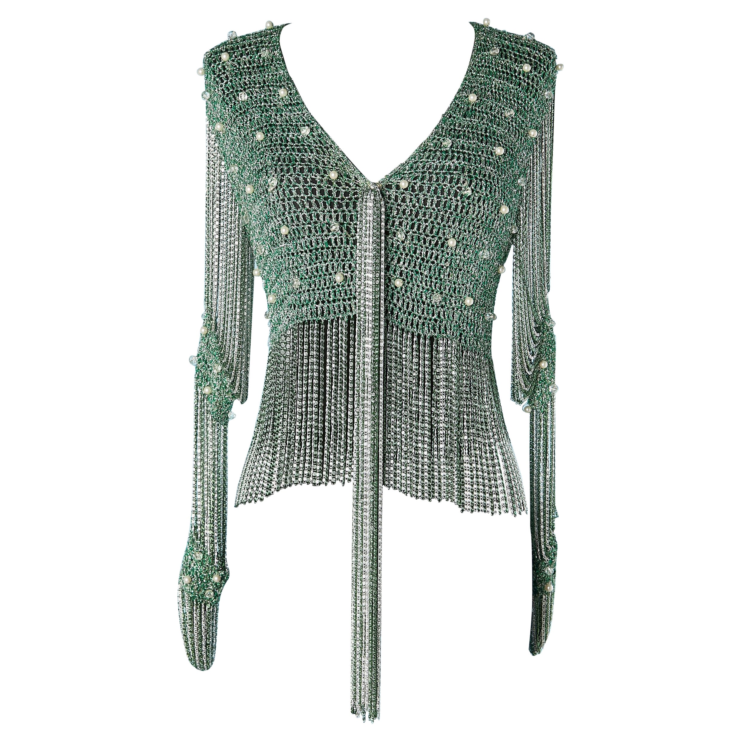 Green and silver cardigan woven with silver chain, beads and pearls Loris Azzaro For Sale
