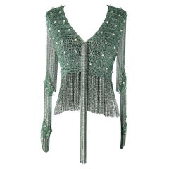 Green and silver cardigan woven with silver chain, beads and pearls Loris Azzaro