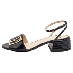 Fendi Black Croc Embossed Leather Promenade Ankle Strap Sandals Size 38.5
