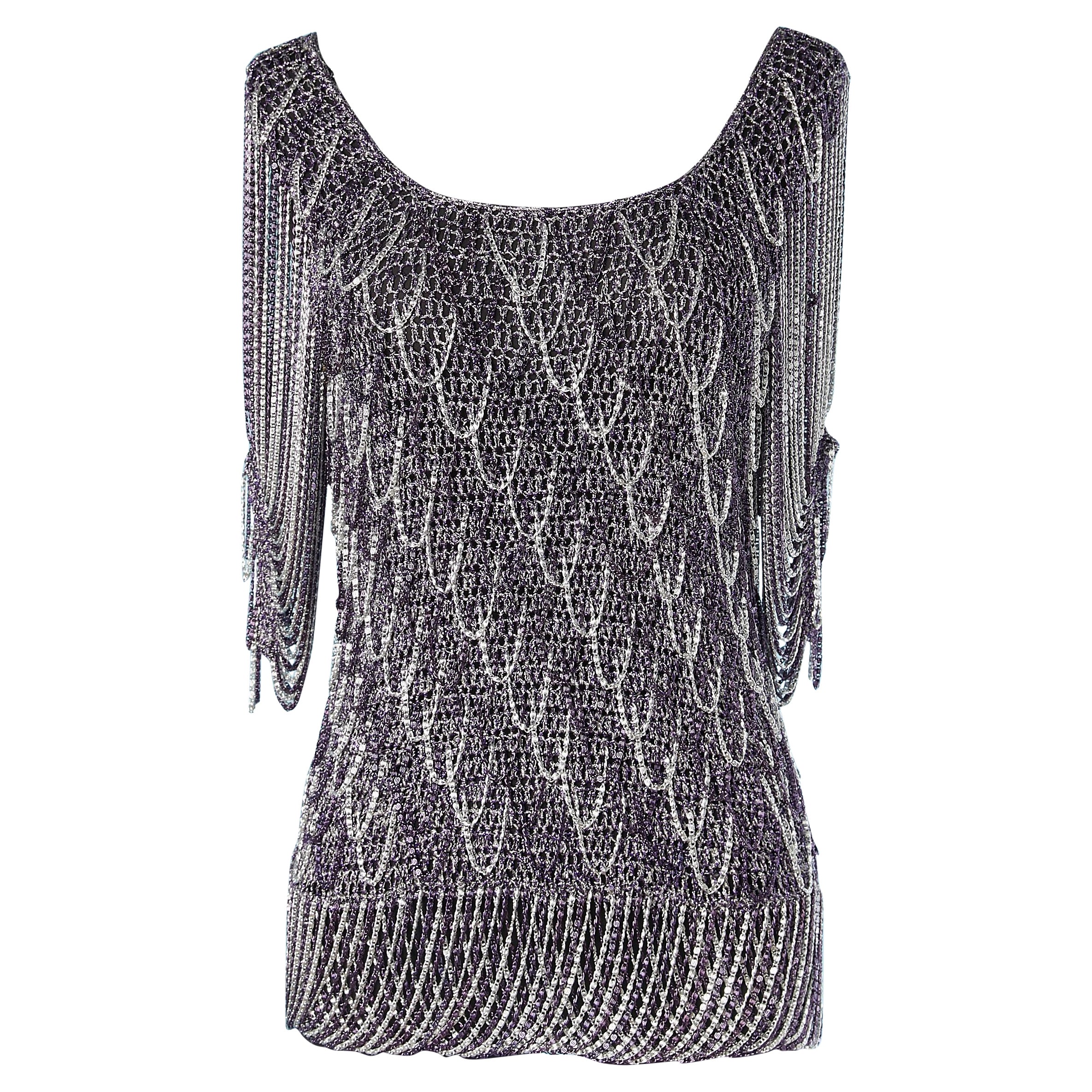 Purple and silver knit and chain sweater Loris Azzaro 1970's  For Sale