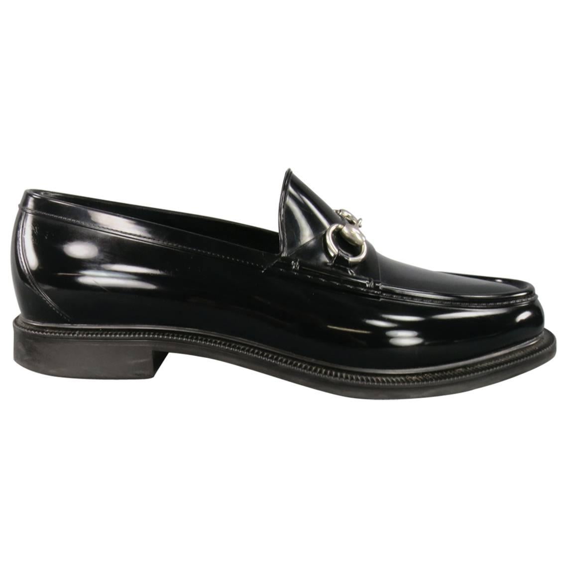 Men's GUCCI Size 10 Black Rubber Silver Horsebit Loafers