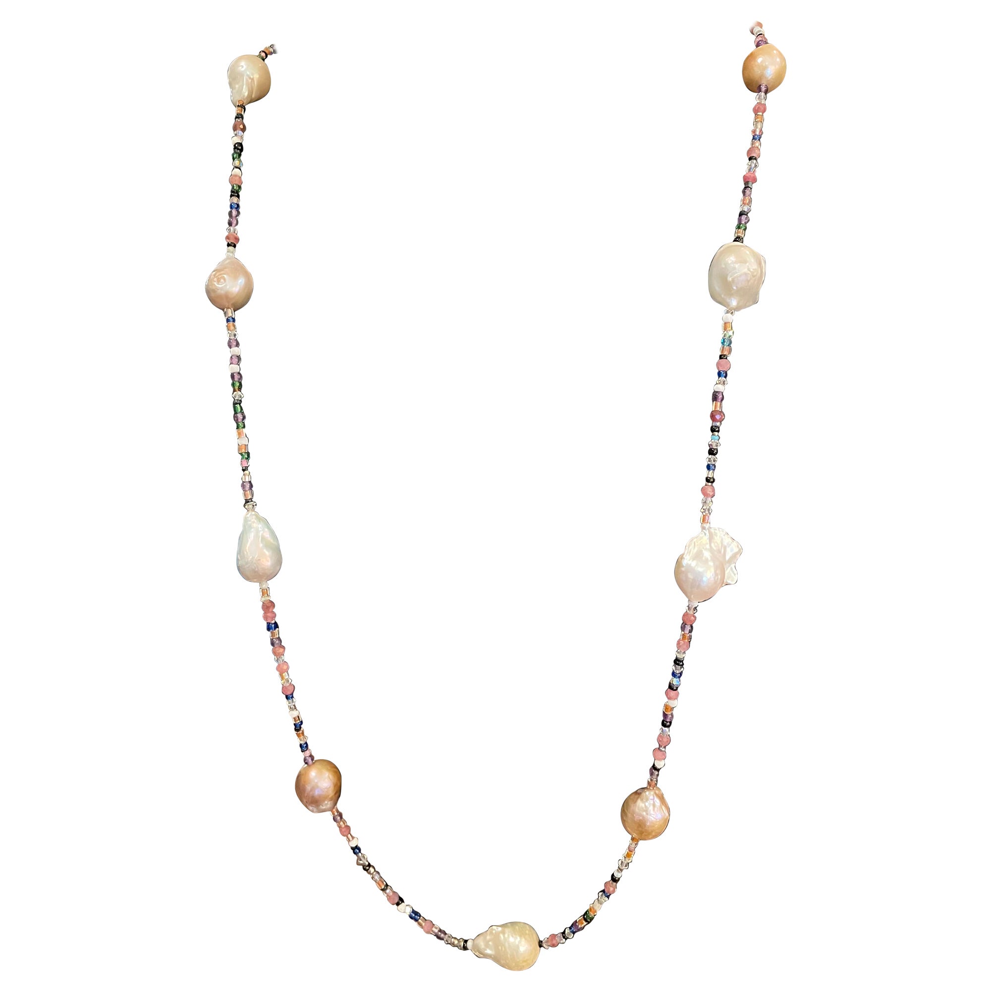 LB Large Baroque Pearls Stunning rope necklace with multi color crystals offered For Sale