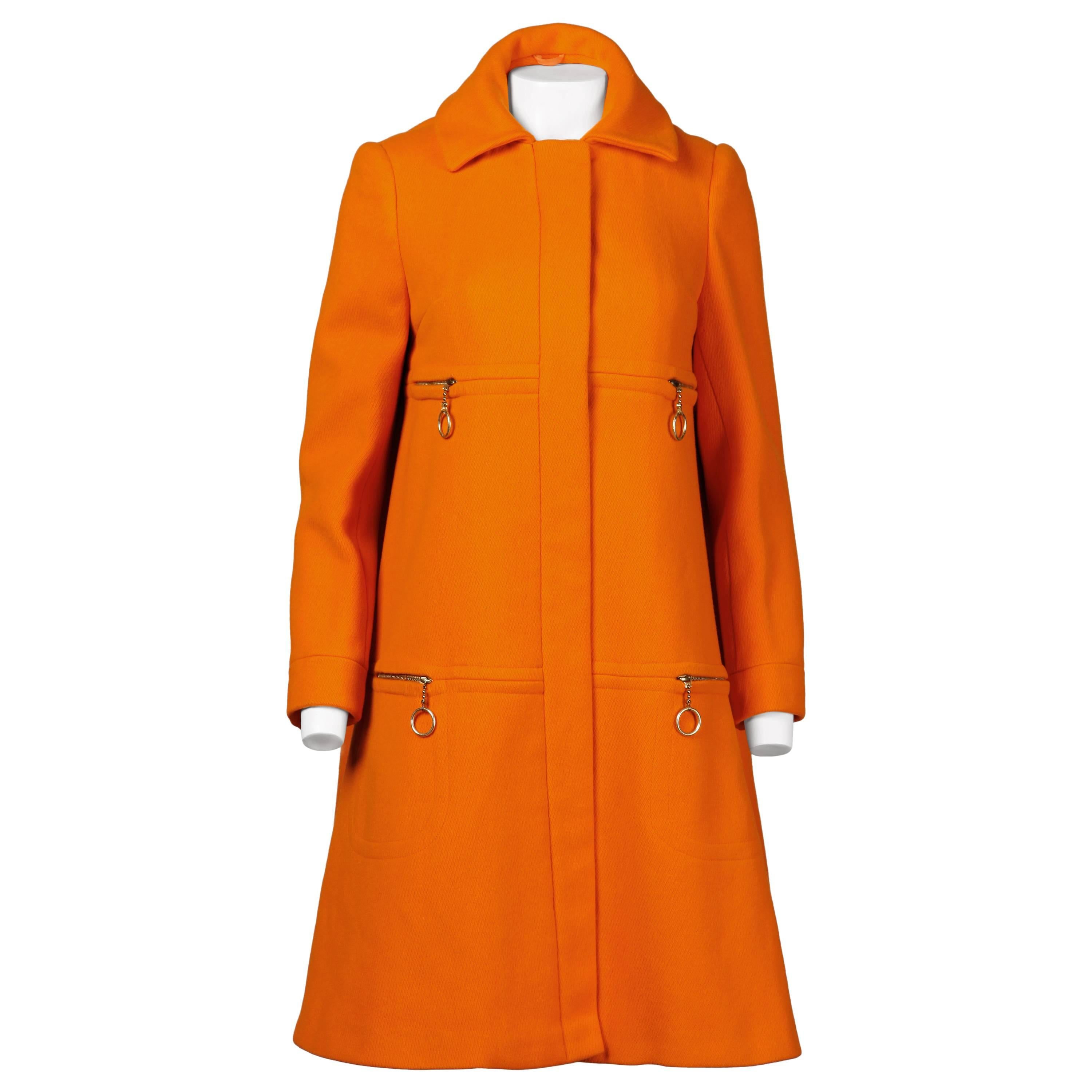 Mary Quant Vintage 1960s Mod Orange Wool Trapeze Swing Coat with Ring Pulls