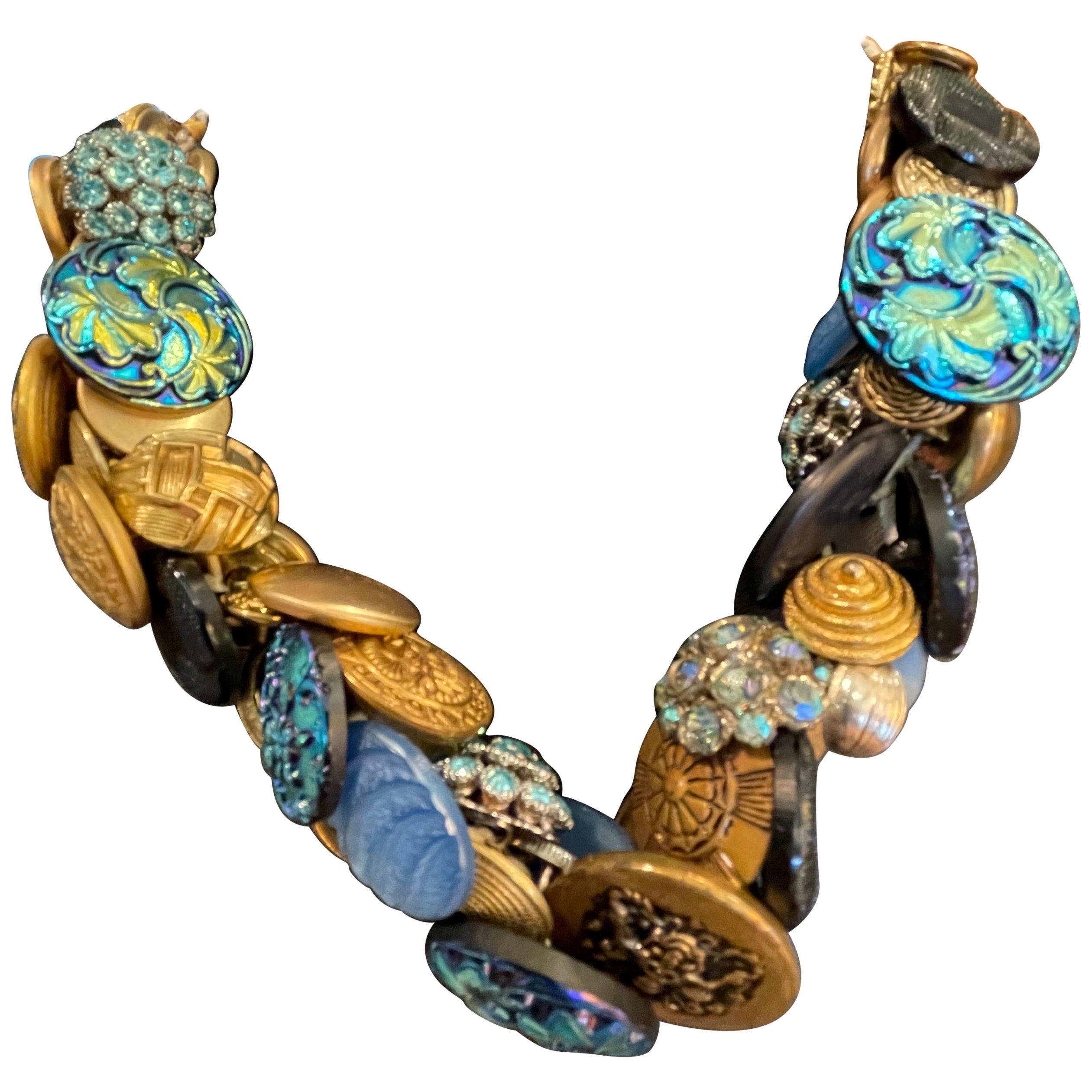 LB Stunning Antique Czech Glass Brass Buttons me of a kind handmade necklace  For Sale