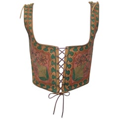 Gilet corset à lacets en cuir peint à la main au début des années 1970