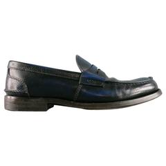 Men's PRADA Size 8 Distressed Navy & Black Pebbled Leather Penny Loafers