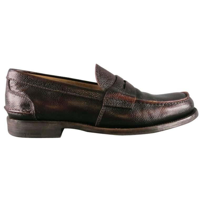 Men's PRADA Size 8 Distressed Brown Pebbled Leather Penny Loafers