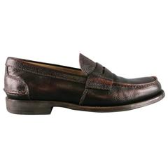 Men's PRADA Size 8 Distressed Brown Pebbled Leather Penny Loafers 12