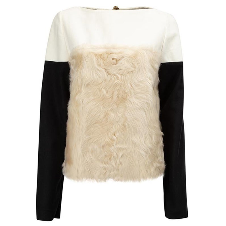 Colour Block Fur Panelled Long Sleeves Top Size L For Sale