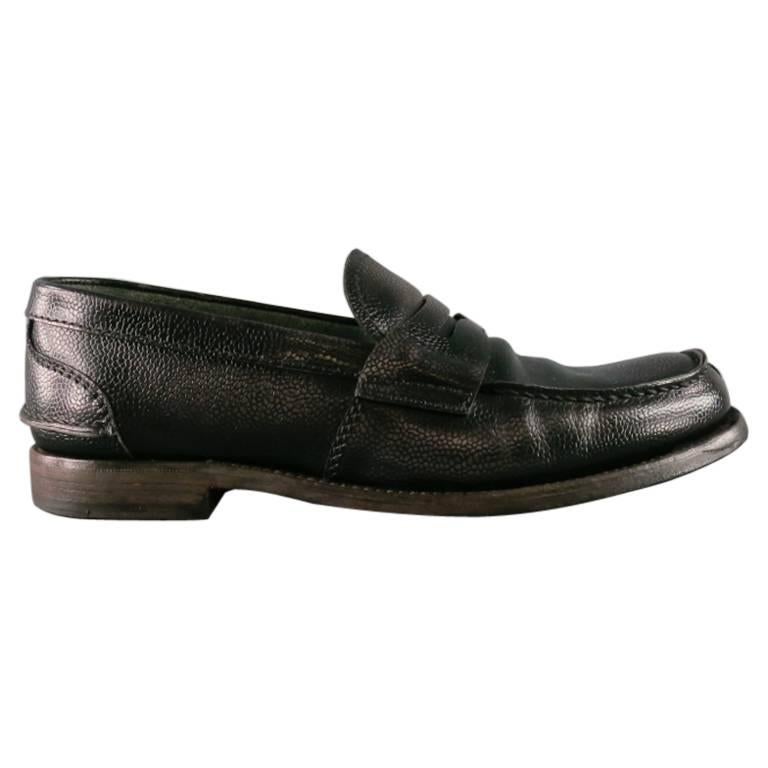 Men's PRADA Shoes - Size 8 Distressed Black Pebbled Leather Penny Loafers