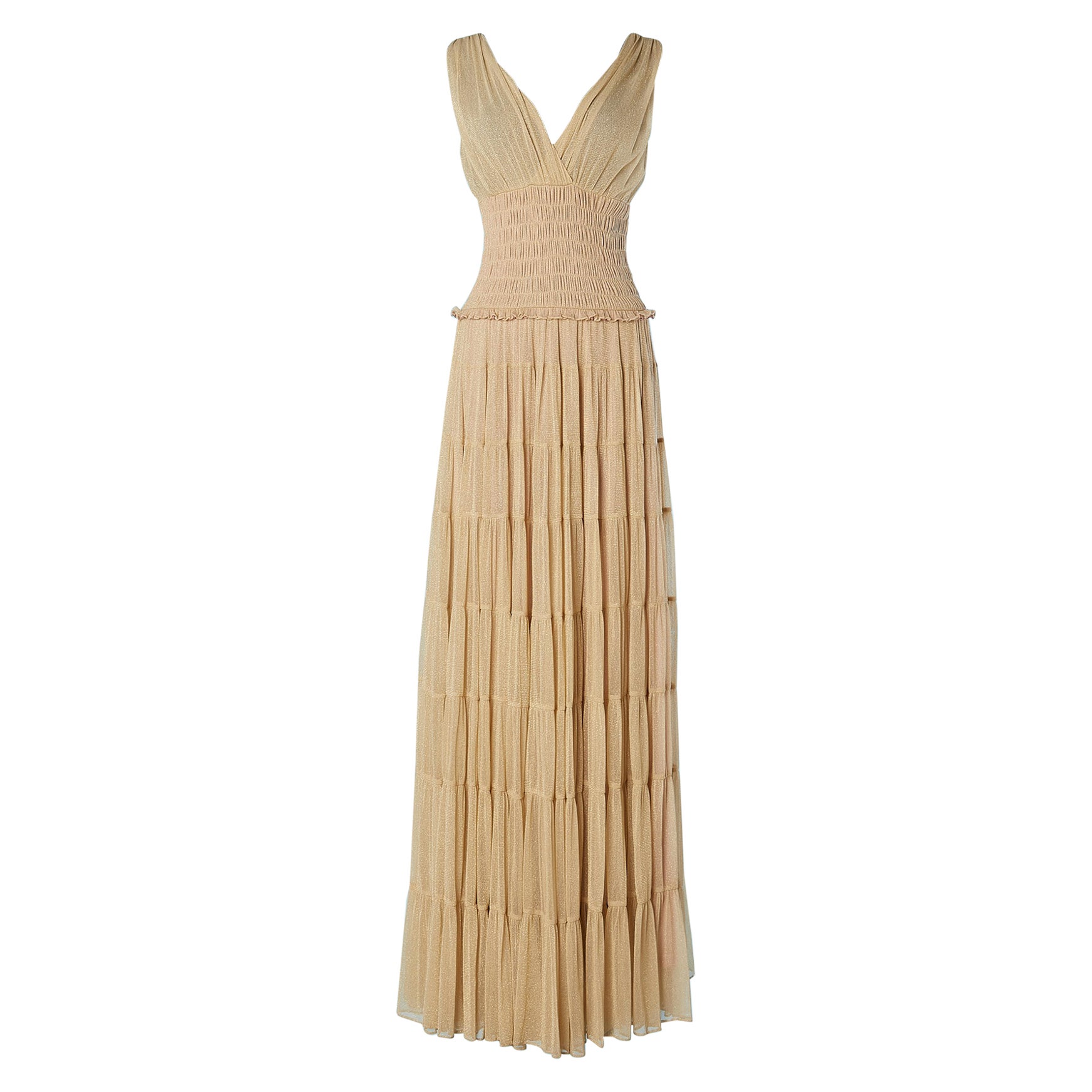 Pale gold jersey lurex evening dress with ruffles Carlo Pignatelli  For Sale