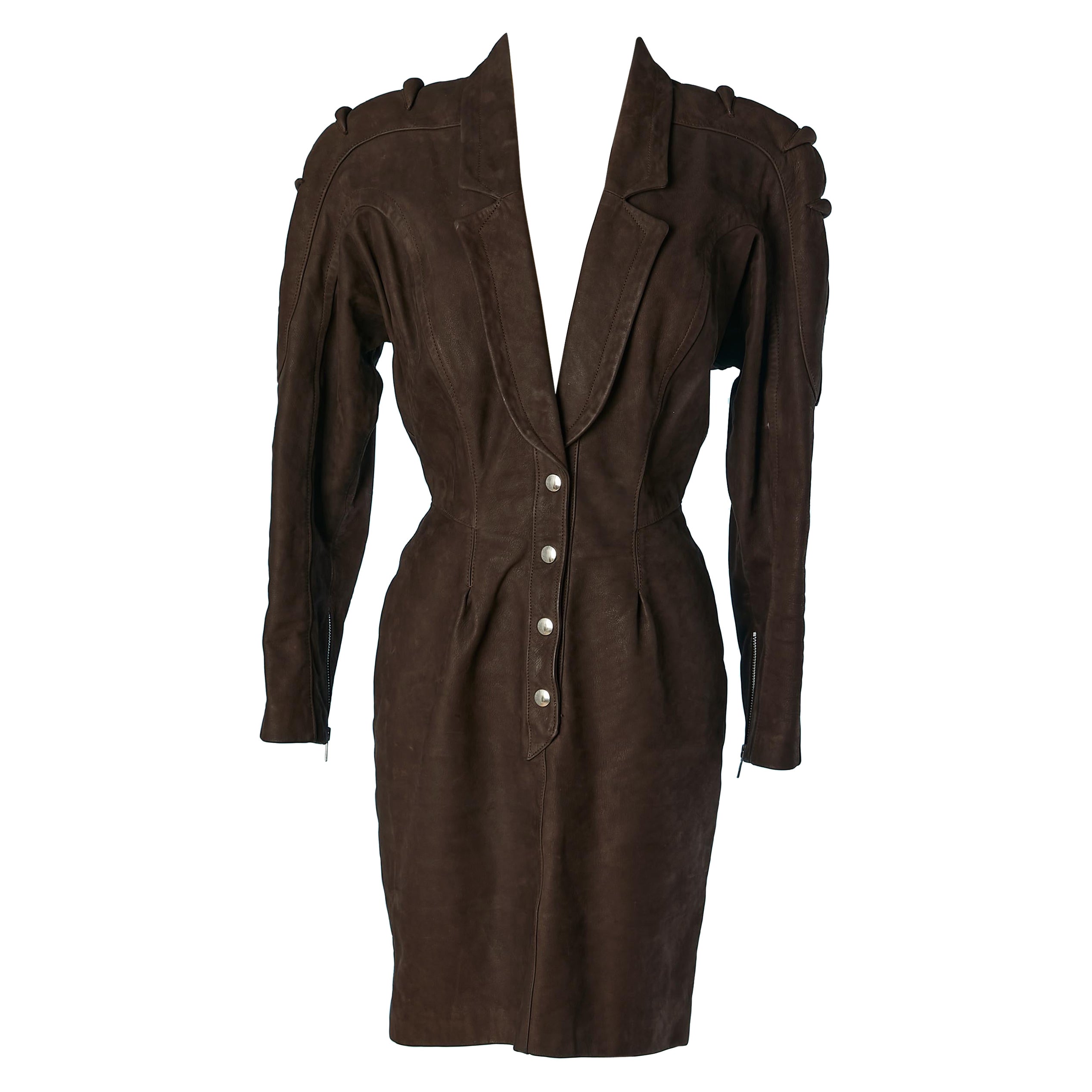 Brown suede dress with cut-work and metallic snap Thierry Mugler  For Sale