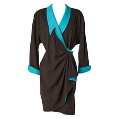 Dark brown  wrap dress in wool with turquoise collar and cuffs Thierry Mugler 