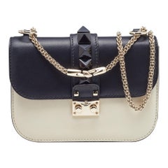 Valentino Off White/Black Leather Small Rockstud Glam Lock Flap Bag