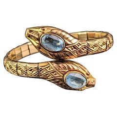 Vintage Art Deco Double snake bracelet, gilt and blue paste, bangle 