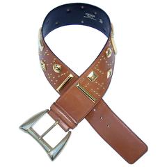 Gold Studded 1980's Escada Camel Leather Wide Belt 4