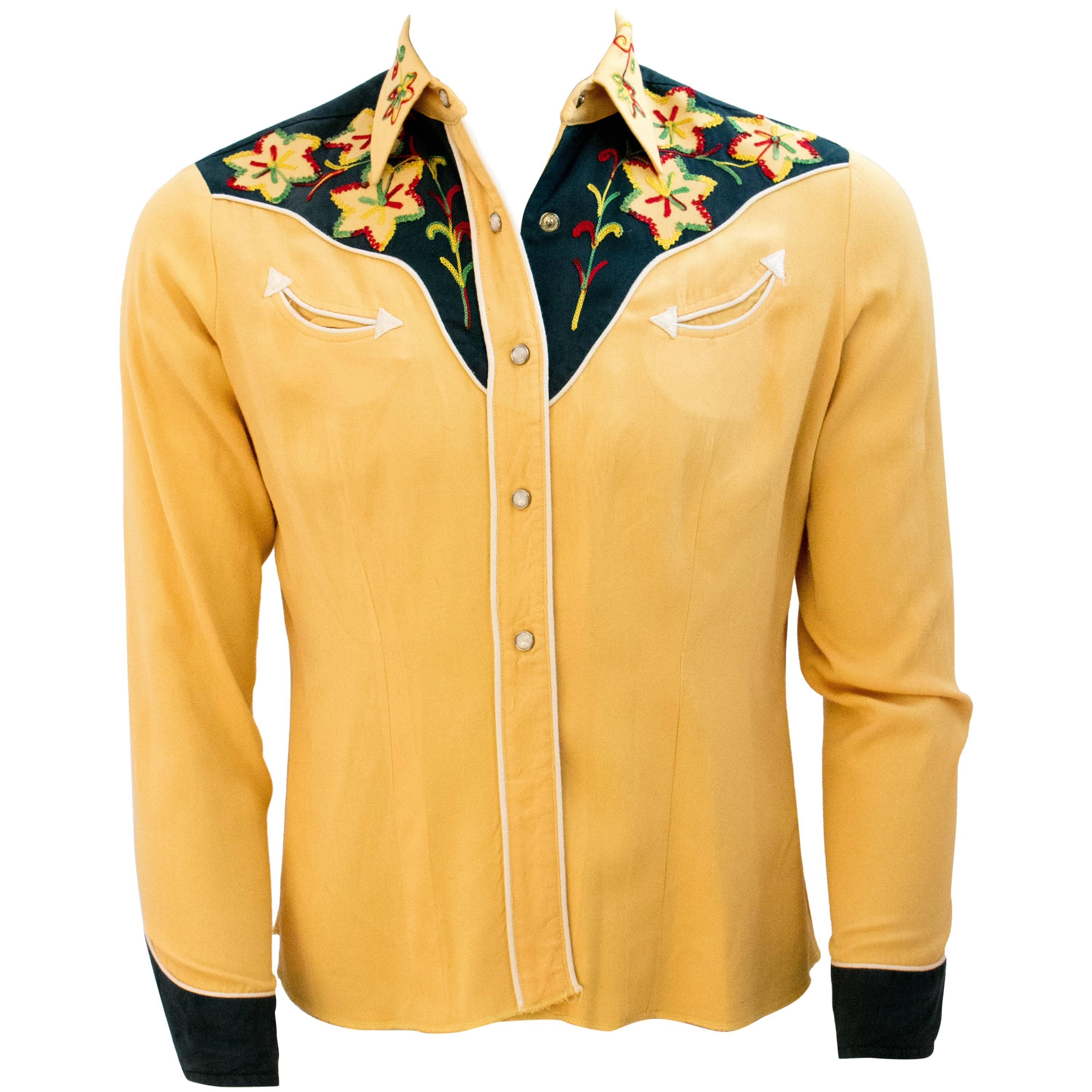50s Mens Yellow & Green Embroidered Western Shirt 