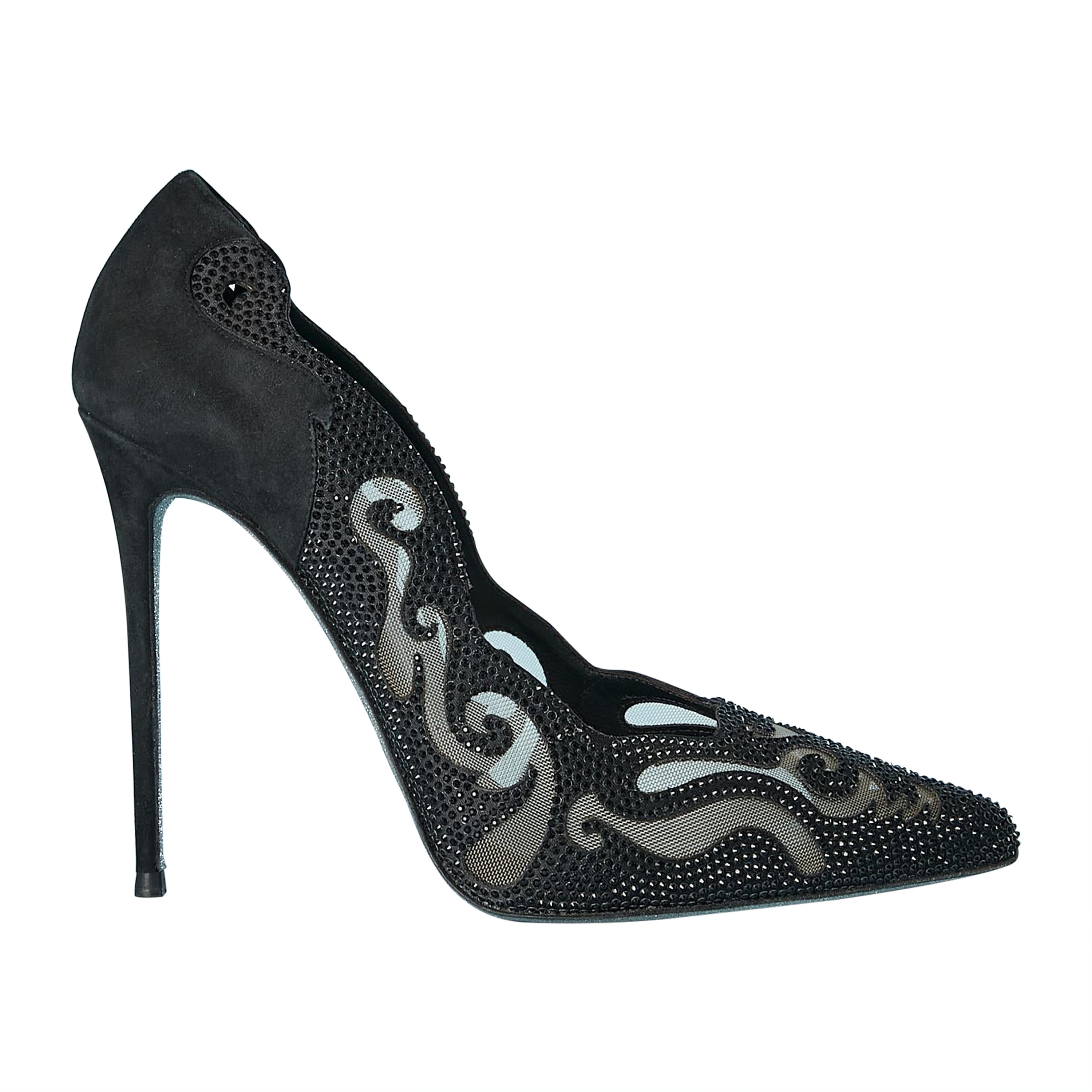 Black suede, tulle and rhinestone stiletto with cutwork René Caovilla NEW For Sale